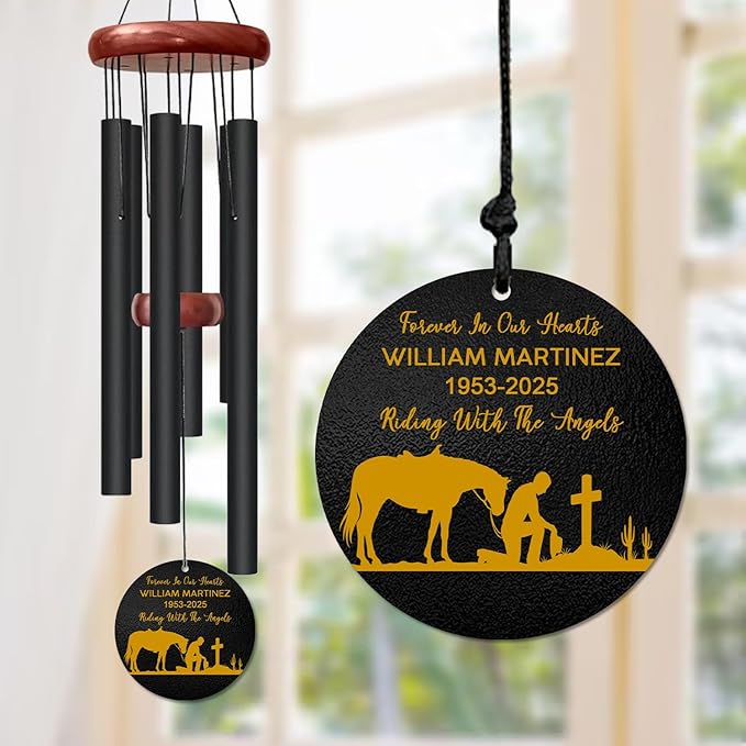 Personalized Cowboy Memorial Wind Chime – “Riding with The Angels” Custom Name & Years – Western Horse & Cross Design – Outdoor Sympathy Gift for Loss of Loved One – in Loving Memory Windchime