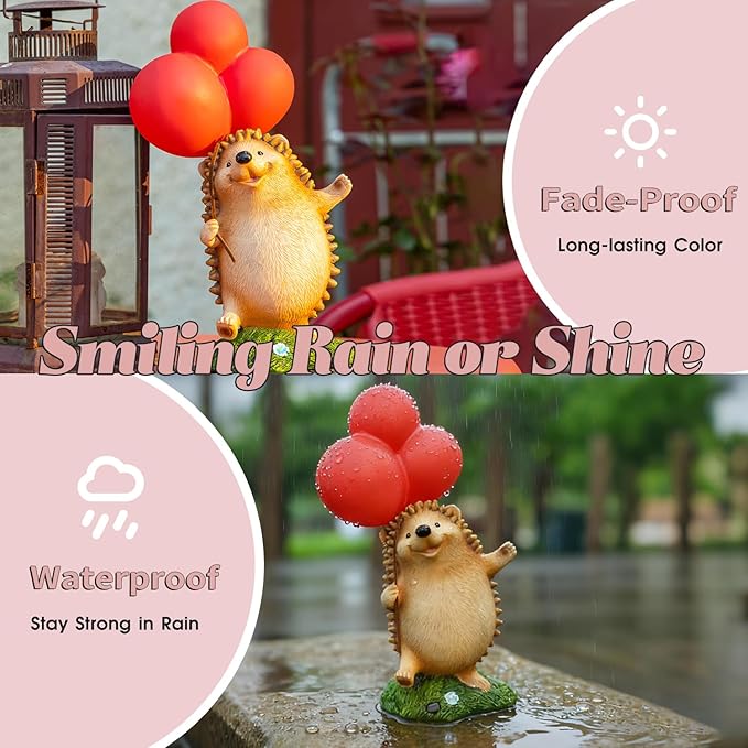WHIMSYNOOK Hedgehog Figurine with Balloon – Solar LED Garden Statue & Whimsical Gift Décor, 10.4" Resin Cute Animal Light for Porch, Lawn, Yard, Housewarming, or Birthday