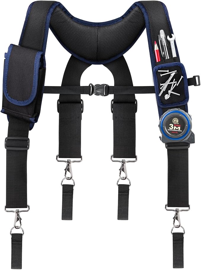 Tool Belt Suspenders for Men, Adjustable Padded Carpenter Tool Belt with Magnetic WristBand Multifunctional Pouch Pocket for Construction Workers (Black)