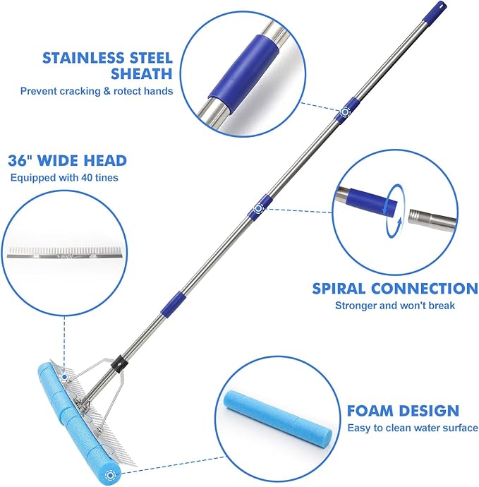 Landscape Rake, 78 Inch Adjustable Lightweight Pond Rake 36" Width Aluminum for Removing Weeds, Leaves, Beautifying Coastlines and Beaches