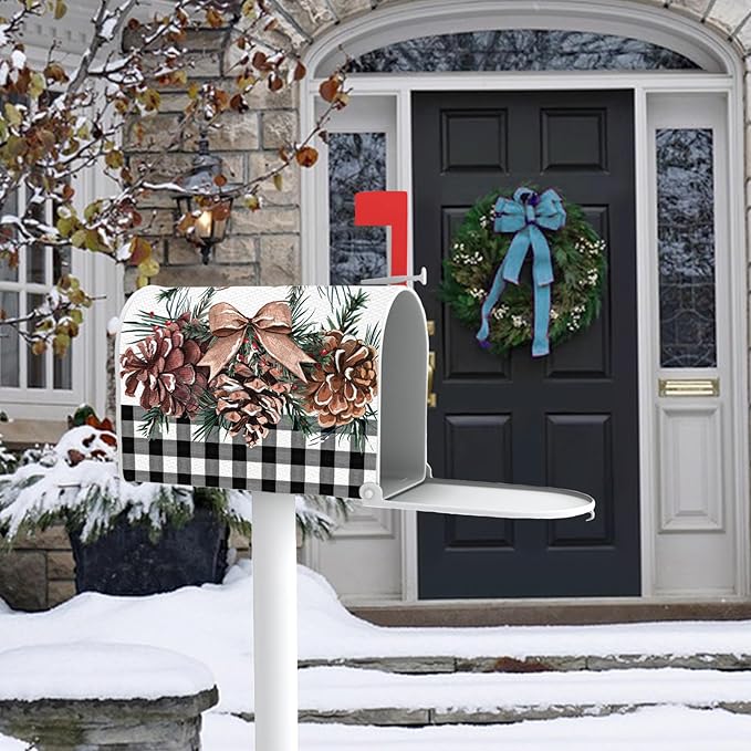 Winter Pine Cone Mailbox Cover Magnetic Standard Size 21" x 19", Buffalo Plaid Farmhouse Decorative Post Letter Box Wrap Decor, Christmas Pine Needle Bow Red Berry Garden Yard Outdoor Decoration