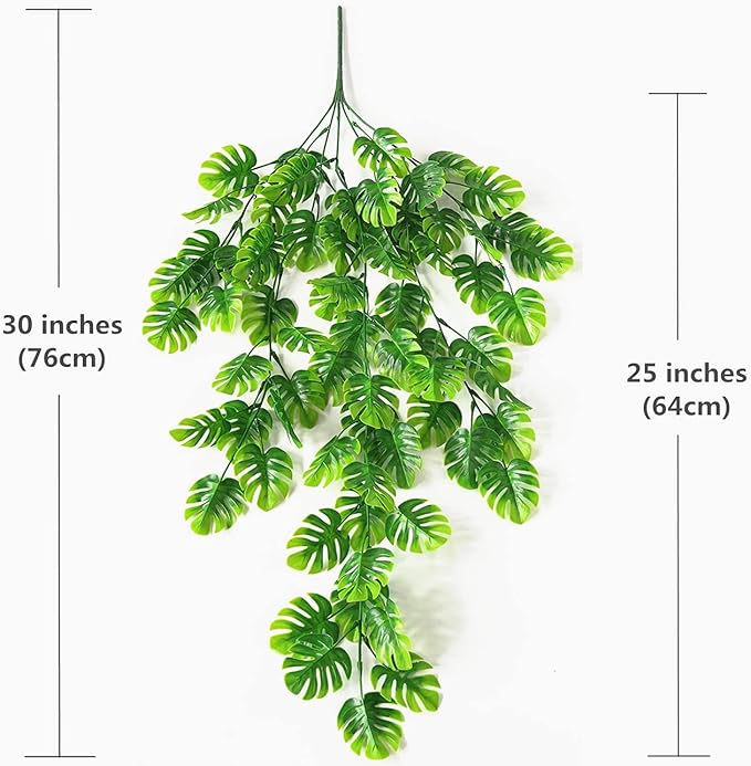 Artificial Hanging Vines 4 Pack, Fake Monstera Leafs Vine Ivy Jungle Leaf Plants Tropical Palm Leaves Rattan for Houseplants Indoor Home Kitchen Garden Outdoor Wall Wedding Decoration