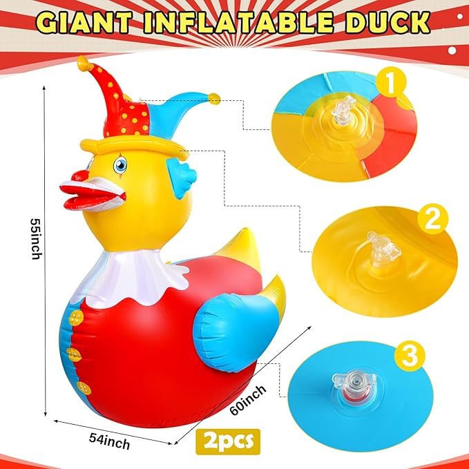2Pcs 4.6 Feet Giant Inflatable Duck Outdoor Decorations,Huge Blow Up Yard Yellow Duck with Red Blue Clown Cloth Duck Pool Float for Summer Beach Pool Carnival Birthday Party Garden Decor