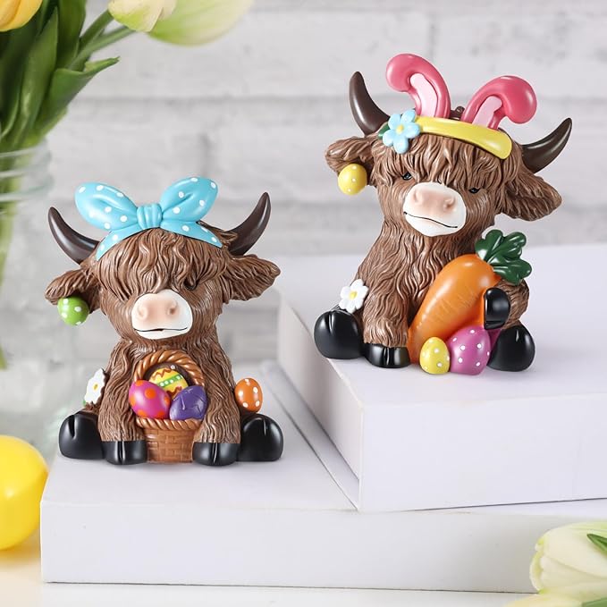 Karenhi 2 Pcs Easter Highland Cow Figurines Bunny Eggs Basket Highland Cow Gnomes Pink Rabbit Scottish Resin Statue Calf Lovers Gifts for Spring Home Kitchen Office Tiered Tray Table Decor