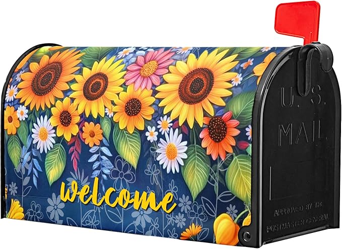 Welcome Flower Magnetic Mailbox Cover Spring Floral Mailbox Cover Magnetic Standard Size 21 X 25.5 Inch Sunflower Mailbox Post Cover Mailbox Wraps Mailbox Decor for Home Garden Outdoor Yard