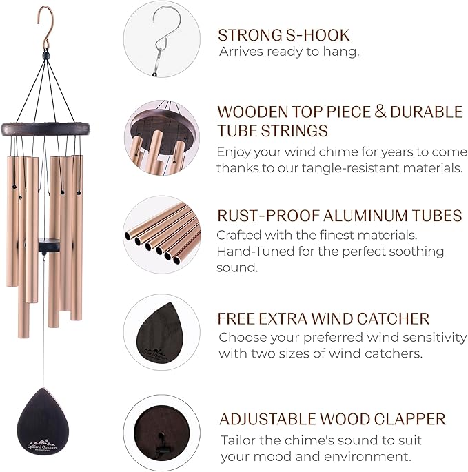 UpBlend Wind Chimes for Outside Gift – Deep Tone Wind Chime with Decorative Stone – Porch & Patio Decor, Elegant Outdoor Ornament, Garden Gifts. 28” Gold.