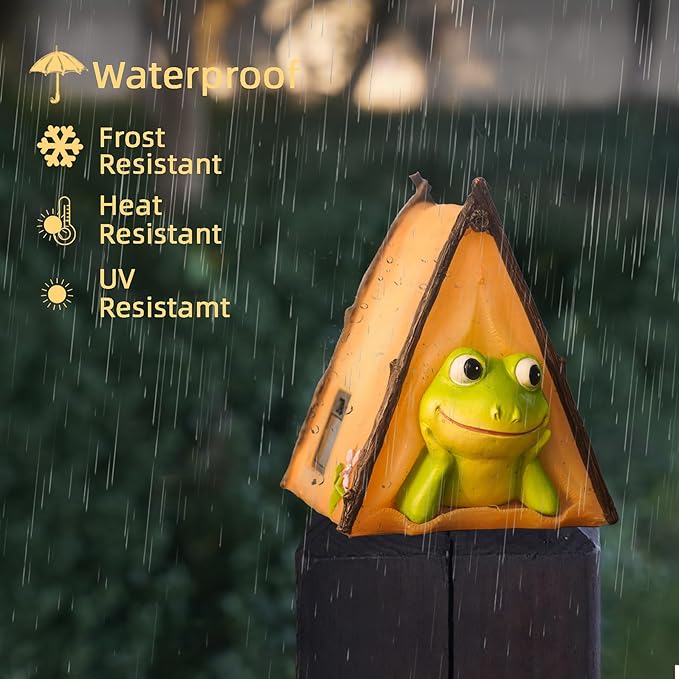 Solar Frog Garden Statues Outdoor Decor, Resin Outdoor Tent Statues with Solar Light , Yard Decorations Outdoor for Patio, Porch, Balcony, Lawn Ornaments, Housewarming Birthday Gifts for Mom Women