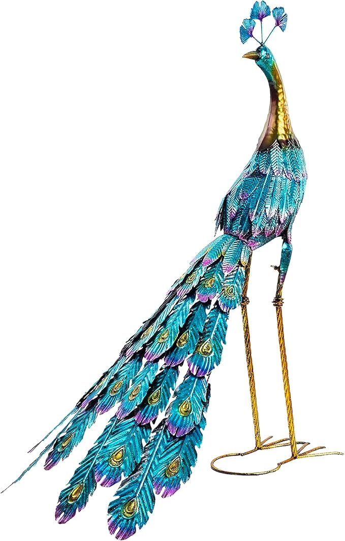 Alpine Corporation JUM207 Indoor Outdoor Metallic Peacock Standing Yard Statue Decoration, 37" Tall, Multicolor