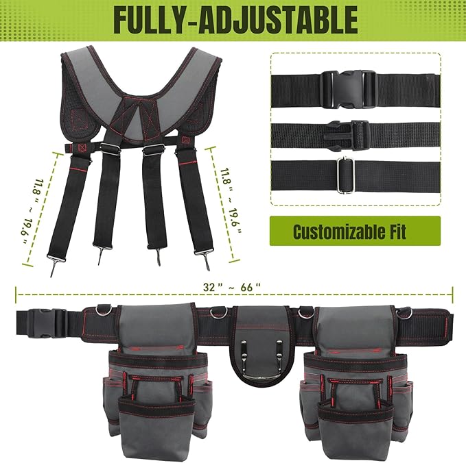 Tool Belt for Men, 32 to 66 Inches Adjustable Waist, Tool Belt with Suspenders for Electricians, Carpenters, Construction Workers and Gardeners, Grey and Red