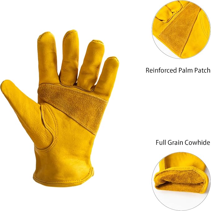 Leather Work Gloves for Men Women, Durable Gardening Gloves, Cowhide Work Gloves for Driver, DIY, Construction