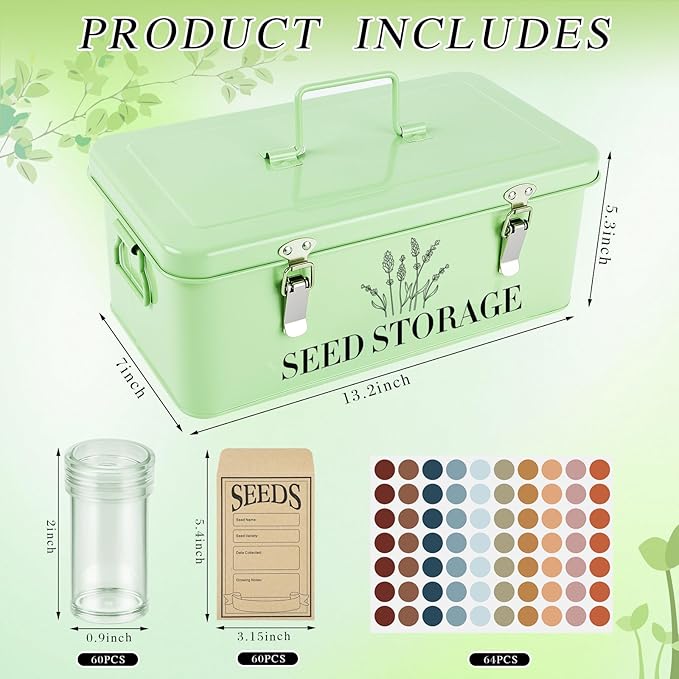 60 Slots Seed Storage Box with 4 Dividers, Metal Seed Storage Organizer, Seed Saving Box, Seed Packet Container, Professional All-in-one Kit with 60 Seed Envelopes and Label Stickers
