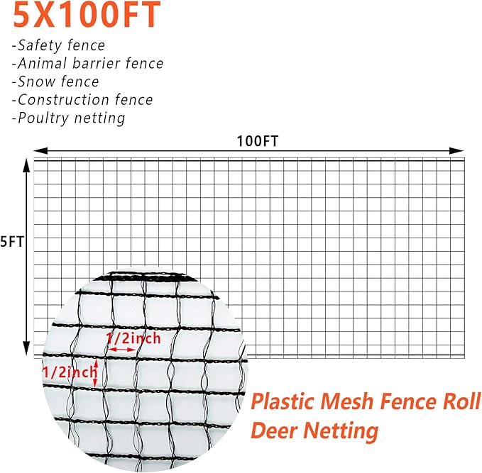 5'x100' Temporary Fence, Garden Fencing Plastic Mesh Fence, Animal Barrier for Dog, Deer, Chicken, Poultry, Deer, Rabbit, Black