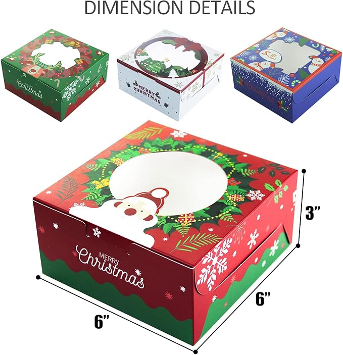 qiqee Christmas Cookie Boxes with Window 100packs 6x6x3 Inch Bakery Box Pastry Box for Christmas