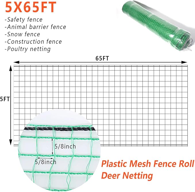 5'x65' Temporary Fence, Garden Fencing Plastic Mesh Fence, Safety Fence, Snow Fence, Construction Fence, Animal Barrier for Dog, Deer, Chicken, Poultry, Deer, Rabbit, Green