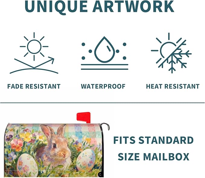 Easter Bunny Floral Large Mailbox Covers Magnetic Oversized Pastel Plaid Rabbit Flower Egg Spring Holiday Theme Outdoor Seasonal Decorative Letter Box Cases for Home Garden Outside Decor, 25.5x21 Inch