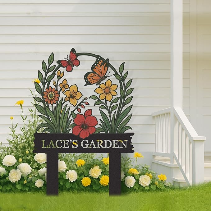 Personalized Garden Signs, Colorful Butterfly Garden Decor for Outside, Decorative Yard Stakes, Metal Yard Art, Patio Decor, Custom Last Name Sign, Lawn Art, Housewarming Gifts Color10