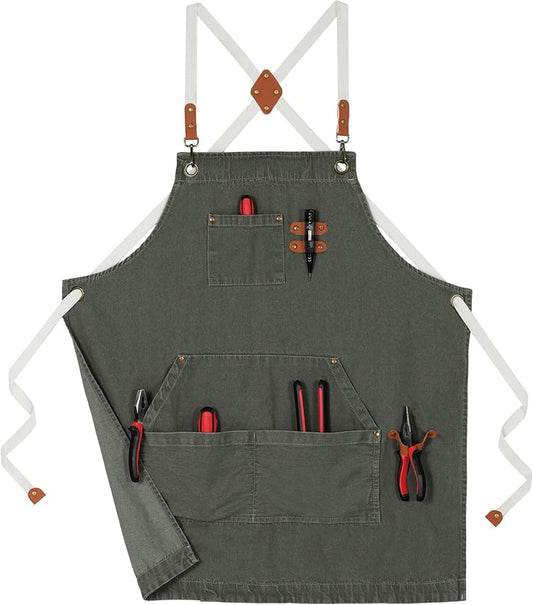 Denim Bbq Apron for Men Women with Pockets Adjustable Cross Back Chef Aprons for Kitchen Cooking Grilling Working