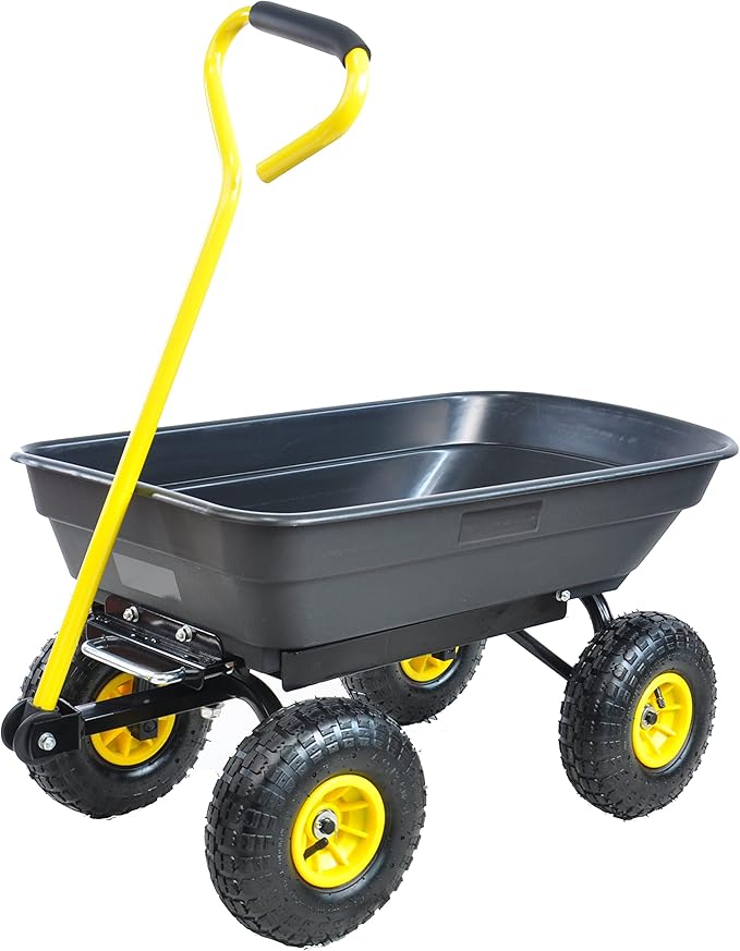 Red Metal Wheelbarrow, Easy Loading and Dumping Garden Cart with Steel Tray, Durable Heavy Duty Utility Trolley for Transporting, Soil, Sand (Black, 4 Wheels-55L)
