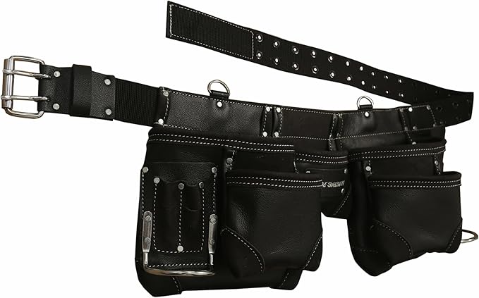 Professional Leather Tool Belt, Black, Multi-Pocket Construction Pouch with Metal Buckle, Heavy Duty Carpenter Framer Handyman Belt