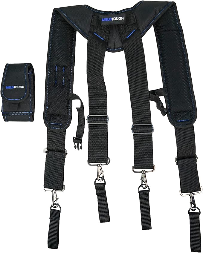 MELOTOUGH Tool Belt Suspenders Construction Work Belt Suspenders with detachable phone holder comfortable foam shoulder padder (Blue)