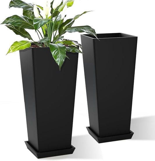 24" Set of 2 Tall Planters, Large Outdoor Flower Pots with Drainage Tray Modern Indoor Tapered Planter for Patio, Garden, Front Porch, Backyard (Black)