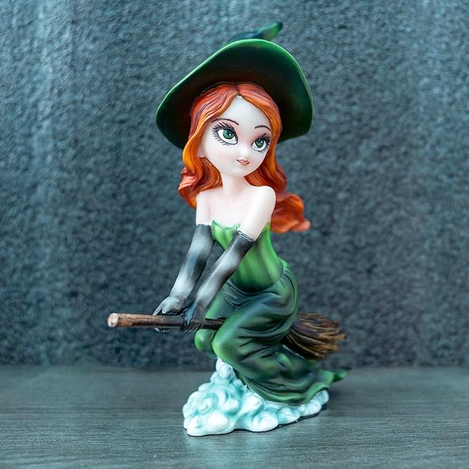 Fairy Figurine Set, Purple and Pink Wings, Green Witch Resin Statue - Riding Broom Flying Style Home Decor Magician Theme Collectibles Christmas/Halloween Party Decoration Gifts