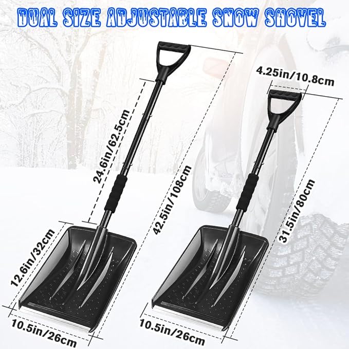 Snow Shovel for Car and Driveway, 42.5 Inch Foldable Lightweight Aluminum Alloy Ice Scraper, Heavy Duty Ergonomic Handle for Emergency Snow Removal, Garden, Black