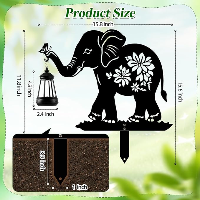 Elephant Solar Garden Stakes, Elephant Silhouette Decorative with Solar Lantern, Metal Garden Decor for Yard,Lawn,Pathway