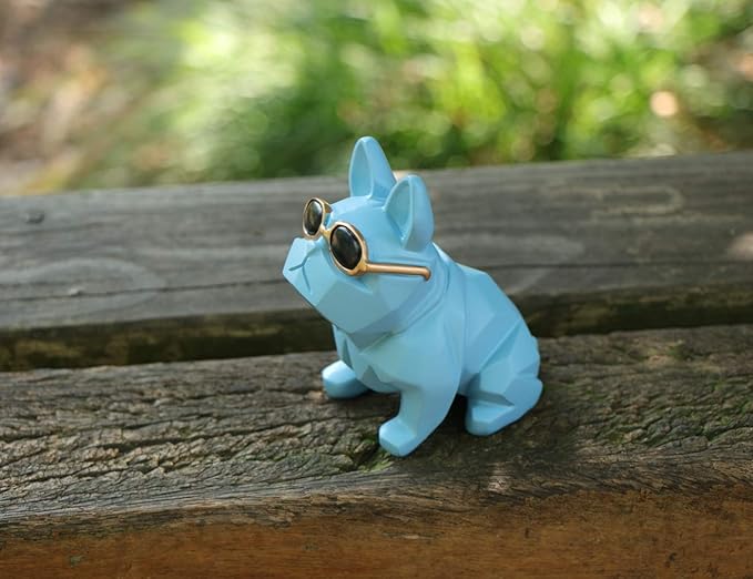 Unique Mini Geometric Dog Doggy Bulldog Figurine with Sunglasses Blue, Animal Statues, Home Garden Bar Décor Ornament