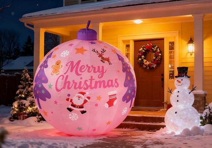 LANGXUN 8ft Pink Christmas Ball Inflatable Outdoor Indoor Decor, Giant Blow Up IP44 Weatherproof Xmas Decorations for Yard, Built-in 7-Color LED Rotating Light for Gardern Lawn Winter Holiday
