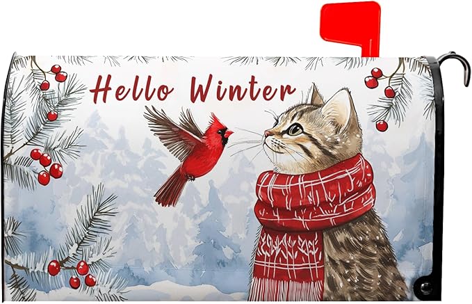 Hello Winter Cat Mailbox Cover Cardinal Bird Mailbox Covers Magnetic Snow Snowflake Post Letter Box Cover Standard Size 21x18 inch for Garden Outdoor Yard Decor