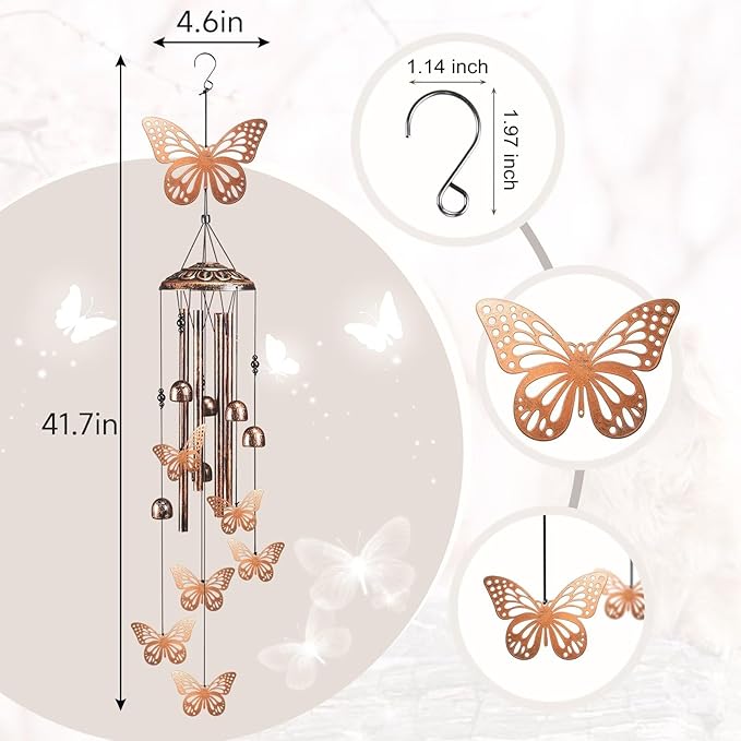 Butterfly Wind Chimes for Outside,41" Metal Windchimes, Housewarming/Halloween/Festival/Memorial Gifts for Women/Men, Butterfly Decorations for Outside, Patio, Garden or Yard