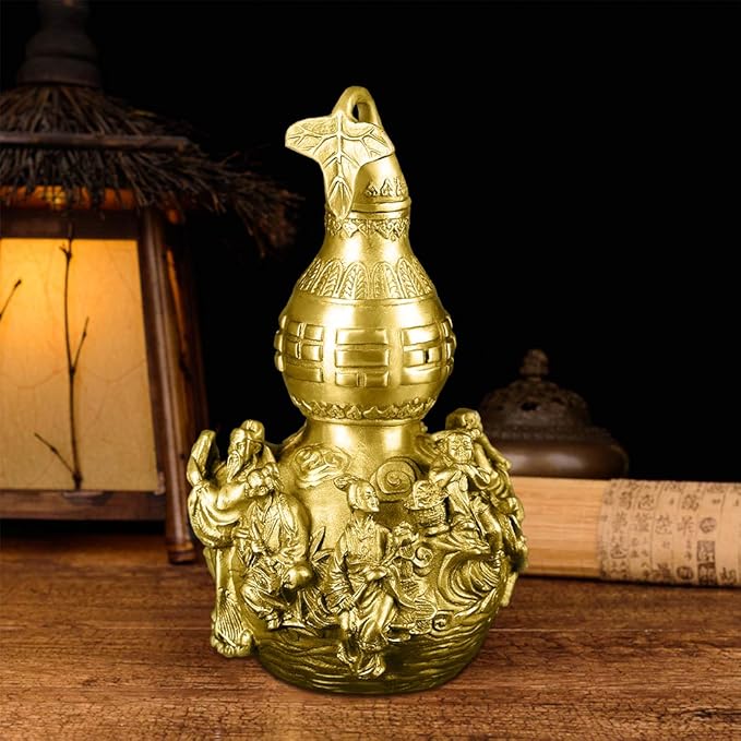 BRASSTAR Golden Brass Bagua Gourd Wu Lou Statue 7.5”(H) Feng Shui Taoist Deities Hulu/Calabash Figurine Home Garden Decor Health Prosperity PTZY024