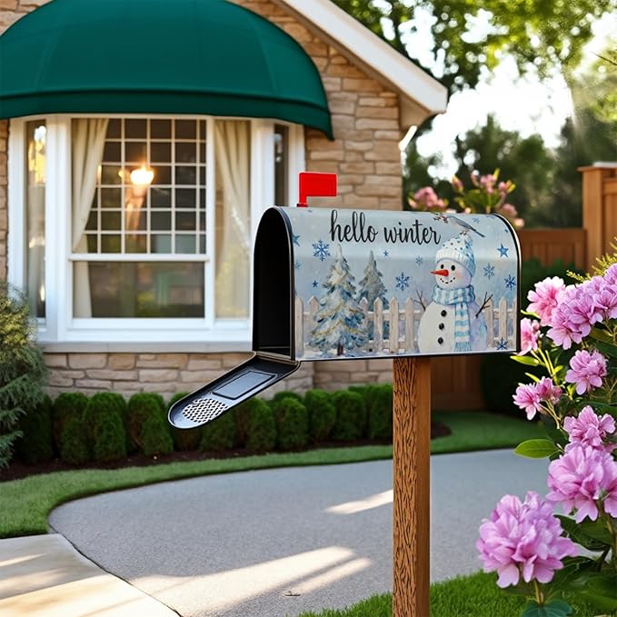 Hello Winter Snowman Mailbox Covers Magnetic Standard Size Xmas Tree Snowflake Cardinal Bird Christmas Holiday Outdoor Decorative Seasonal Letter Box Cases for Home Garden Outside Decor, 21x18 Inch