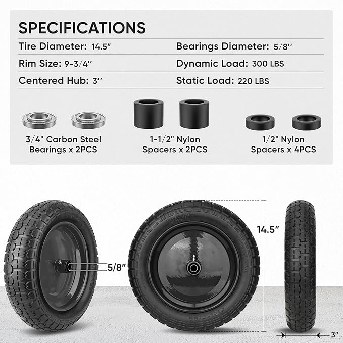 TICONN 4.80/4.00-8 Tire, 14.5" Flat Free Wheelbarrow Tire and Wheel, Solid Replacement Tires, 5/8" 3/4" Bearings, Universal Fit 4.80/4.00-8, 3.50/3.00-8, 4.00-6 (14.5" Black, 2PK)