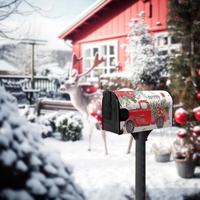 Christmas Red Truck Mailbox Covers Magnetic 21x18 Inches Standard Size Xmas Winter Mailbox Cover Post Letter Box Wraps for Outside Garden Yard Outdoor Christmas Decorations