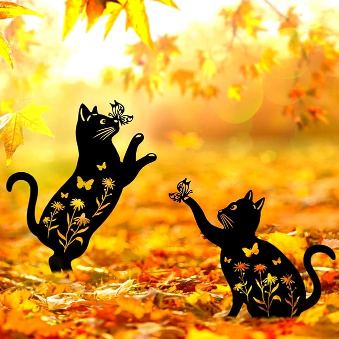 Cat Garden Decor for Outside, 2 Pack Metal Decorative Garden Stakes, Gift for Cat Lovers, Black Silhouette Statues Animal Stakes Decorations for Yard Art, Patio, Outdoor Decor, Lawn Ornaments