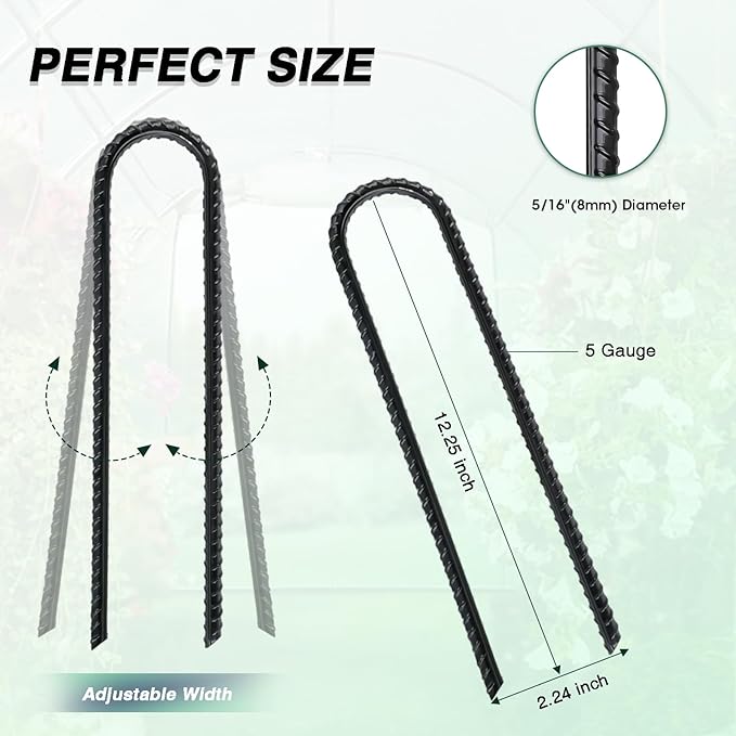 12 Inch Rebar Stakes Heavy Duty, 6 Pack Garden Stake U-Hook, Electrostatic Rust Proof Metal Stakes for Tent, Landscape,Outdoor Decorations, Fabric Ground Cover, Tube Fixing (Black, U-12in-6pc)