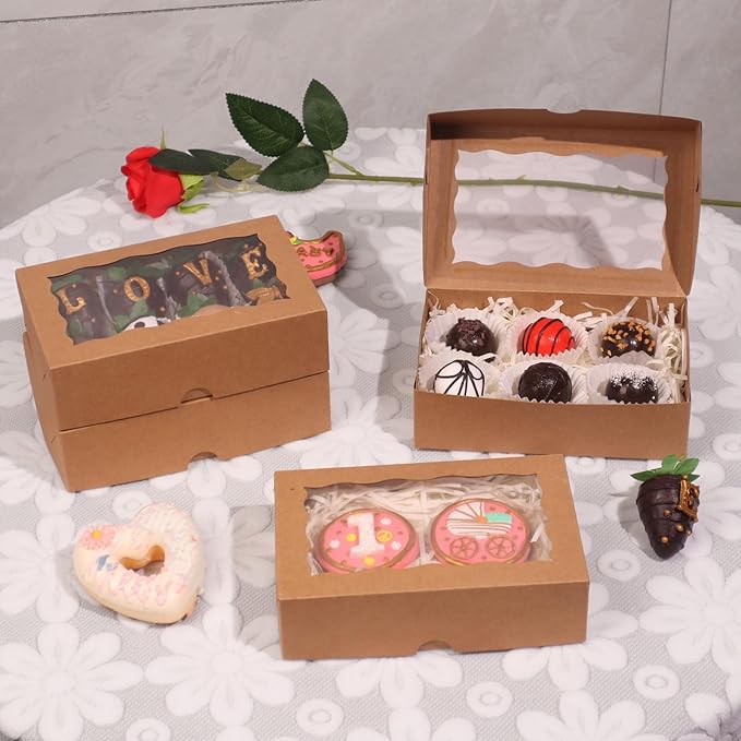 ROSPAKTEK 20pcs 7x4.3x2 Inches Brown Bakery Boxes for Cookies, Strawberries, Cakes, Truffles, Treats & More; Perfect for Occasions like Christmas, Valentine's, Easter, Mother's Day & Birthdays