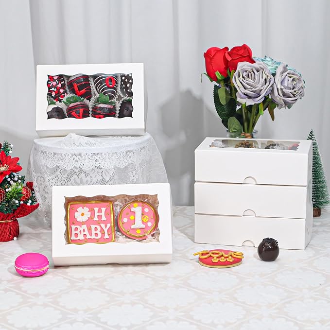 ROSPAKTEK 50pcs 7x4.3x2 Inches White Cookies Boxes Chocolate Covered Strawberries Boxes Truffle Boxes Cake Pop Boxes Cakesickle Boxes Charcuterie Bakery Boxes for Christmas Valentine's Mother's Day
