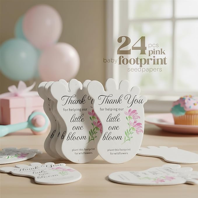 Baby Footprint Seed Paper – 24 pcs Pink Baby Shower Favors for Guests with Wildflower Seeds, Writable & Plantable, Gender Reveal, Birthday Gifts for Guest