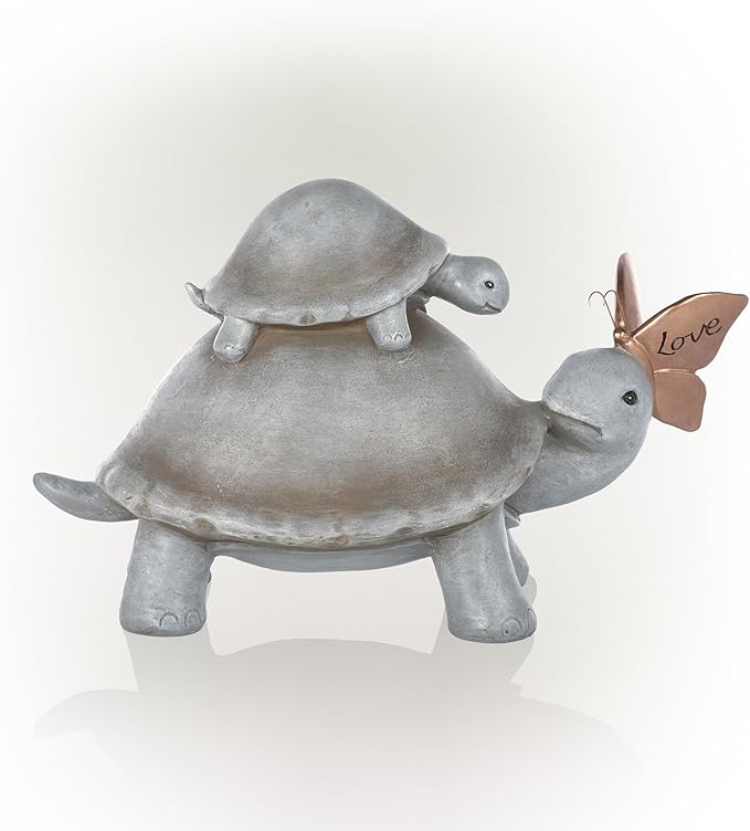 Alpine Corporation ZEN906 Mother and Baby Turtles with Love Butterfly Indoor Outdoor Decorative Garden Statue, 14" Long, Gray
