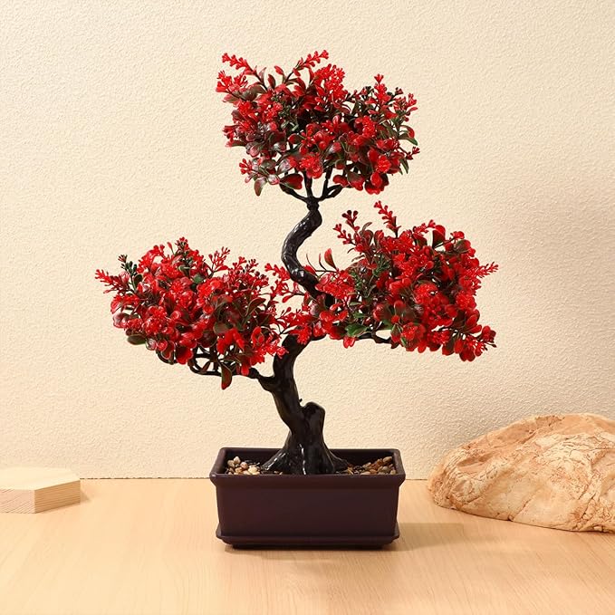 HANABASS Artificial Bonsai Tree Fake Blossom Faux Potted Plant Realistic Red Fake Plant for Indoor Outdoor Garden Home Office Decor Decor Wedding Centerpiece