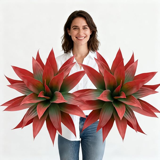 Artificial Agave Faux Agave Fake Greenery Outdoor Artificial Plants Fake Plants 28" for Indoor Home Decor Plastic Plants Outdoor Decor Front Porch Decor Simulation Plants(Red) 2pcs No Vase