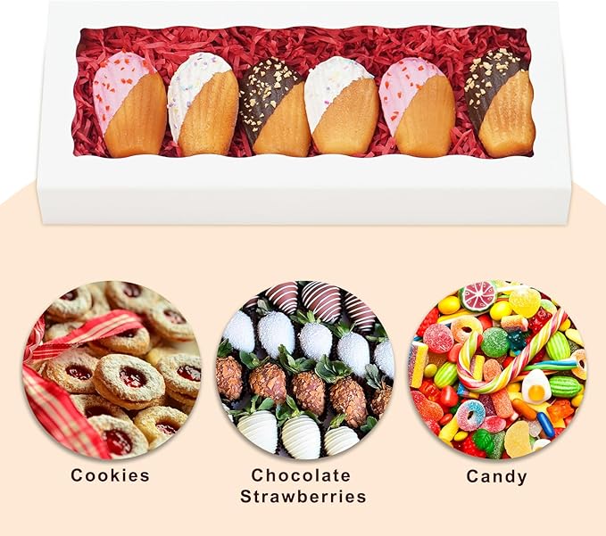 50pcs Cookie Boxes 12 x 5 x 1.5 Inch Bakery Boxes with window Chocolate Covered Strawberries Box for Christmas Valentine's Mother's Day- White