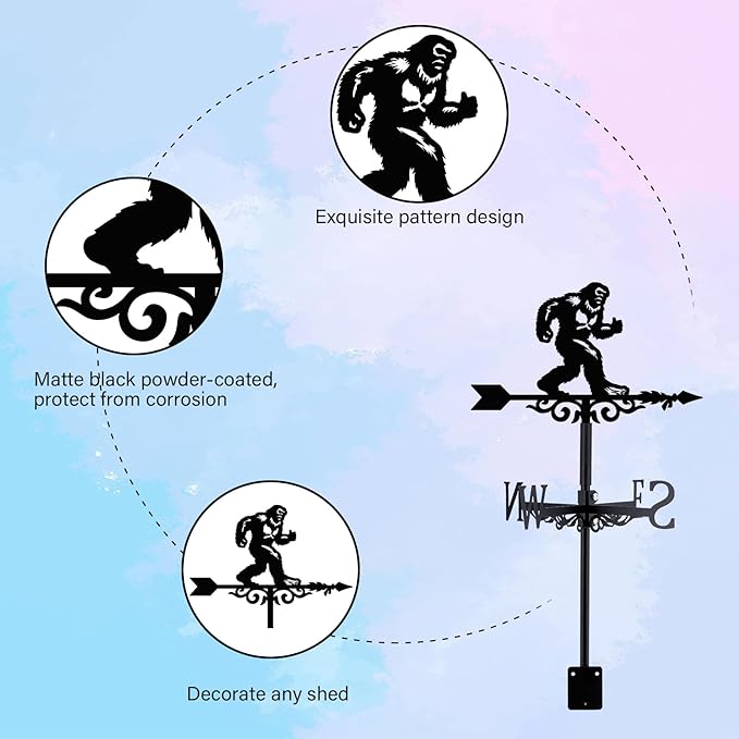 Bigfoot Weathervane Arrow Metal Wind Vane Big Foot Sasquatch Weathercock Garden Decoration Wind Direction Indicator Stake Roof Mount Ornament for Farmhouse Yard Outdoor