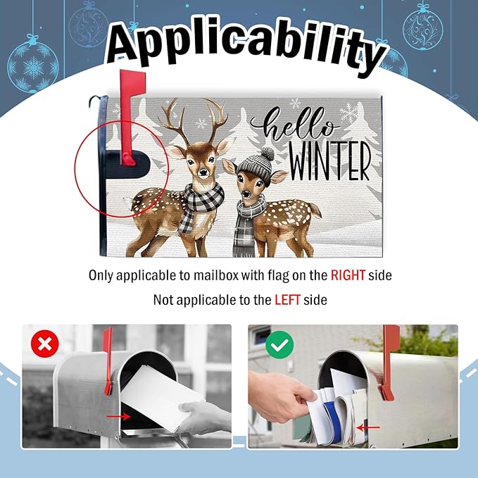 Hello Winter Reindeer Mailbox Cover Magnetic Standard Size 20.5" x 18", Pine Trees Snowflake Decorative Post Letter Box Wrap Decor, Christmas Seasonal Garden Yard Outdoor Decoration