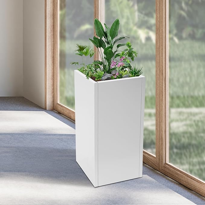 Metallic Heavy Outdoor/Indoor Planter Box, Seamless Large Metal Planter for Tall Trees, Plants, Flowers, No Assembly Required (White, 14 * 14 * 30 inch)