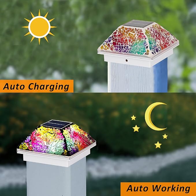 SUNNYPARK 2PK Mosaic Solar Post Cap Lights Outdoor for 4x4, 3.5x3.5 Post Crackled Glass Deck Fence Lamp Weatherproof LED Light Decor in Garden, Yard, Outdoor Table, Balcony, Landscape- Multi-Colored