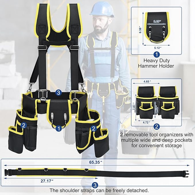 Tool belts for men - multi-functional detachable adjustable tool belt with shoulder strap magnetic wristband set, suitable for electricians and carpenters。 (black and yellow)
